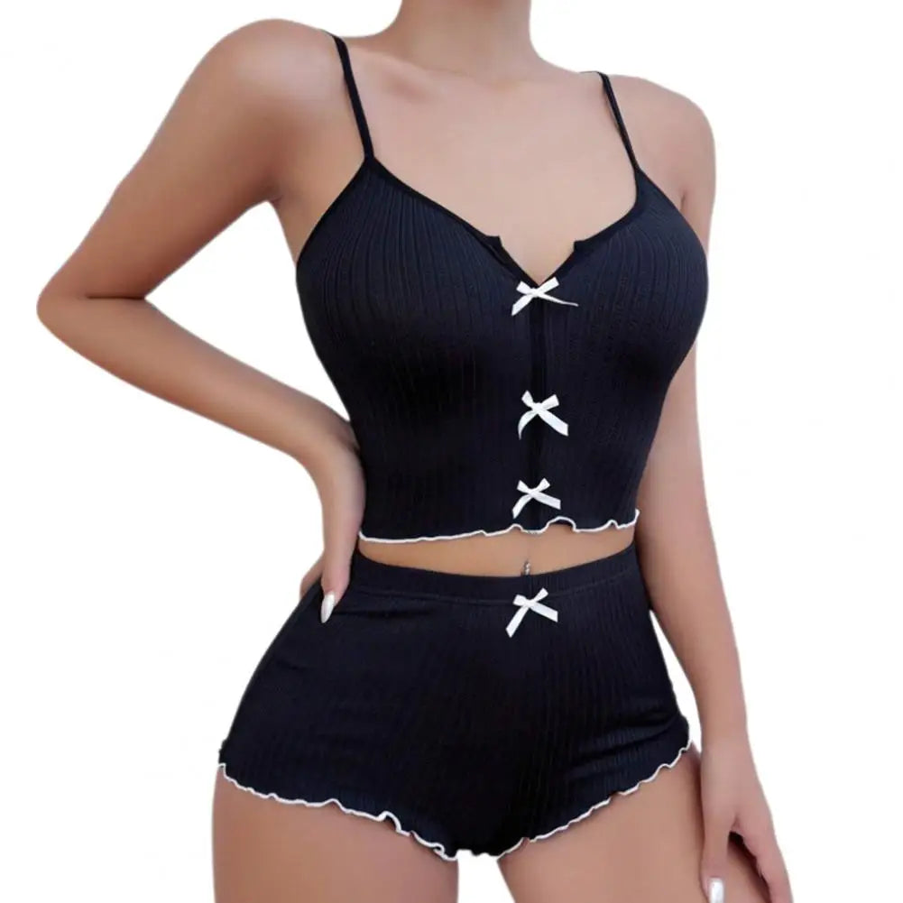 2Pcs/Set Summer Women Top Shorts Suit Backless Heart Print Bow Decor Sleeveless Vest Elastic High Waist Short Pants Lady Outfit