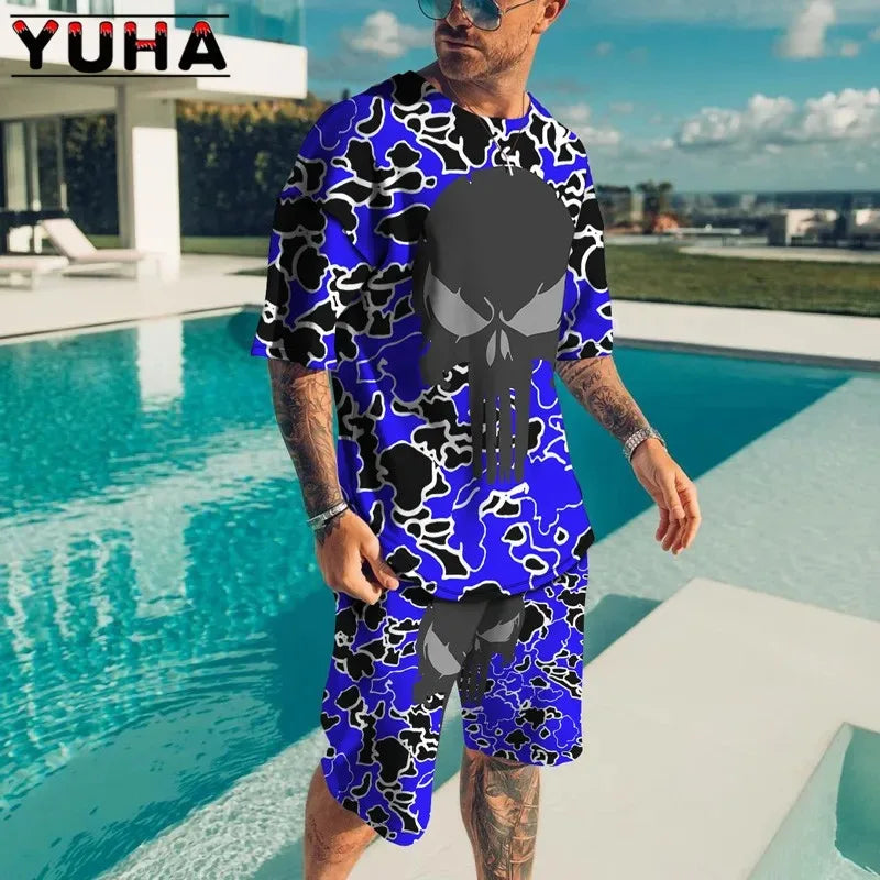YUHA,Summer Men's Clothing T Shirt Sets 3D Terrible Skeleton Print Casual Shorts Tracksuit Male 2 Piece Suit Newest Short Sleev