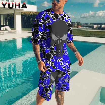 YUHA,Summer Men's Clothing T Shirt Sets 3D Terrible Skeleton Print Casual Shorts Tracksuit Male 2 Piece Suit Newest Short Sleev