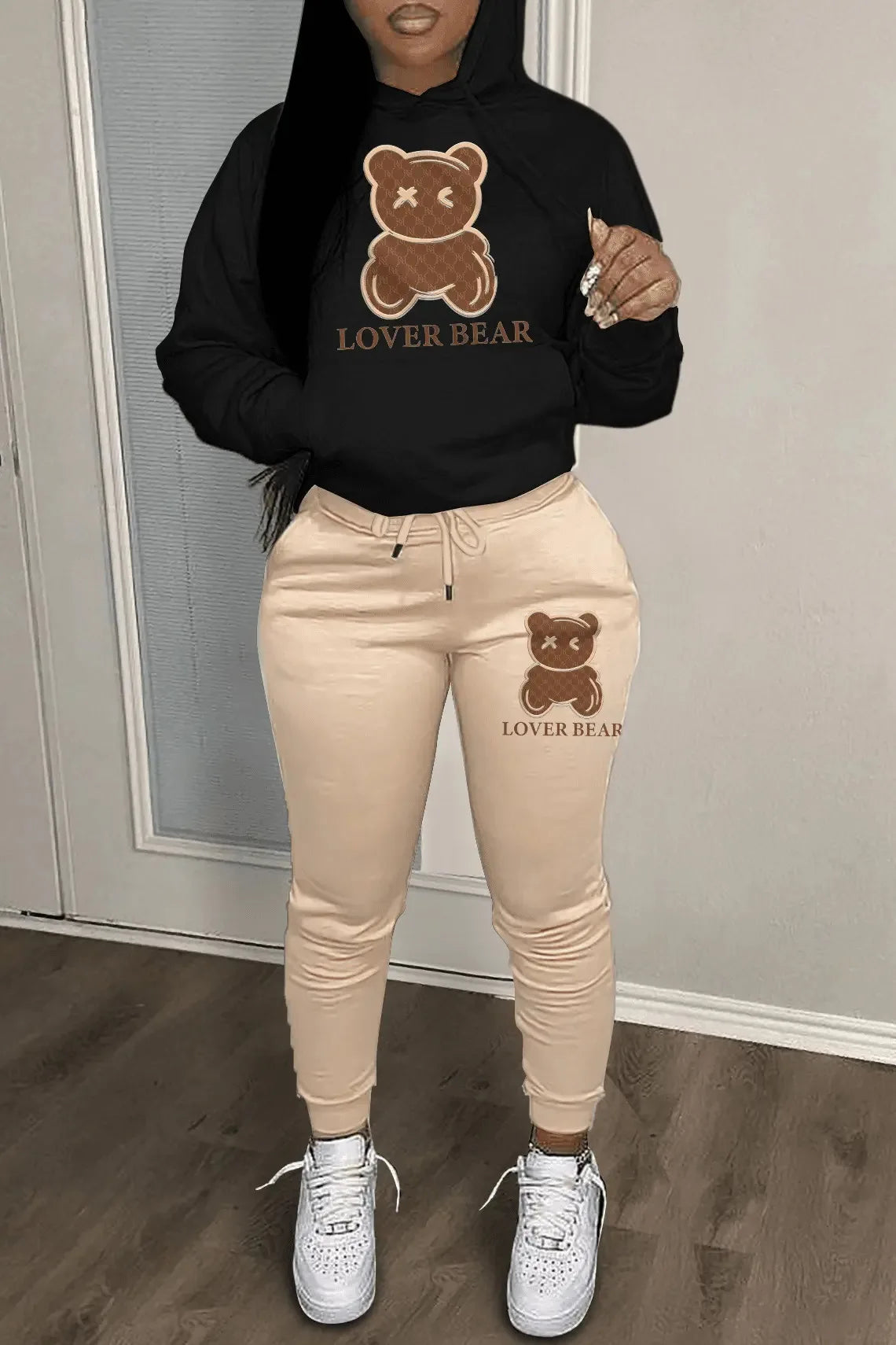 2024 Women's Letter Print 2 Piece Outfits Teddy Bear Letter Print Kangaroo Pocket Tracksuit Set Long Sleeve Sweatshirt and Pants