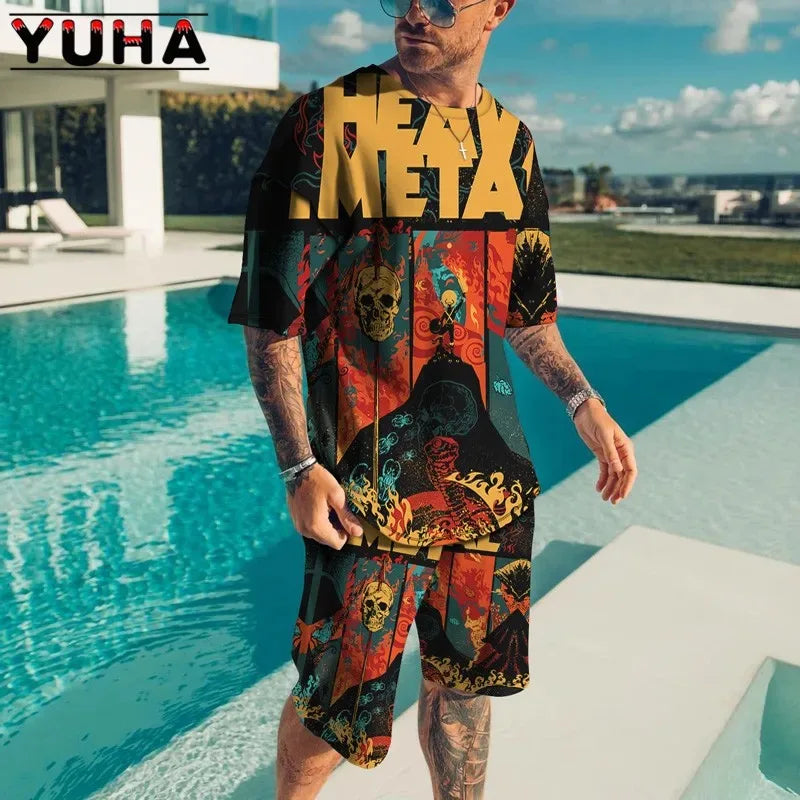 YUHA,Summer Men's Clothing T Shirt Sets 3D Terrible Skeleton Print Casual Shorts Tracksuit Male 2 Piece Suit Newest Short Sleev