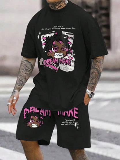 Cartoon Bear 3D Printed Men's Round Neck Short Sleeve 2pcs Suit Urban Street Trend Men's Top Outdoor Men's Drawstring Shorts