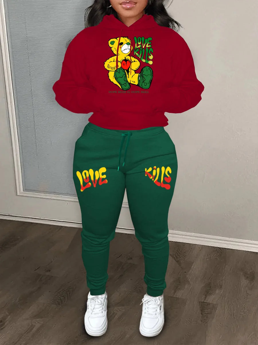 Autumn Fashion Letter Print Hoodie Sets Butterfly Letter Print Kangaroo Pocket Pants Sets Daily Casual Two Piece Tracksuit