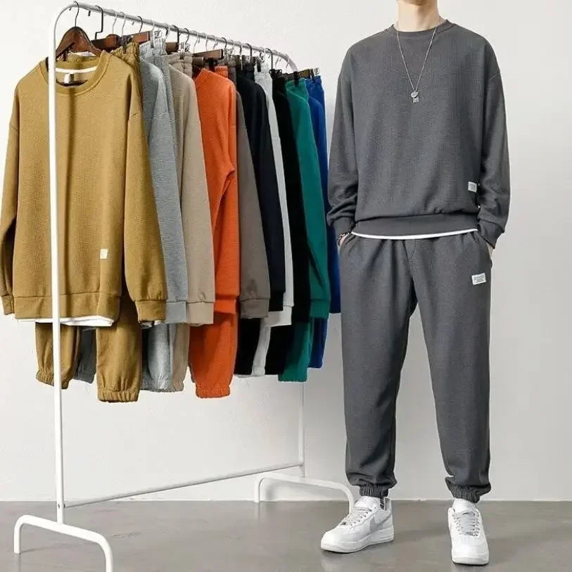 Autumn Winter New Solid Color Casual Hong Kong Style Loose-Fit Long Sleeve Top Sports Suit Round Neck Sweatshirt Men's Set