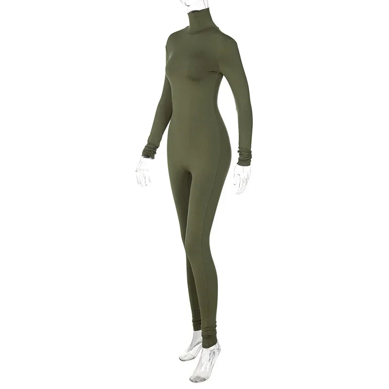 BWQ Casual Women Long Sleeve Turtleneck Long Sleeve Skinny Stretchy Jumpsuit 2024 Autumn Winter One Piece Suit INS Playsuit