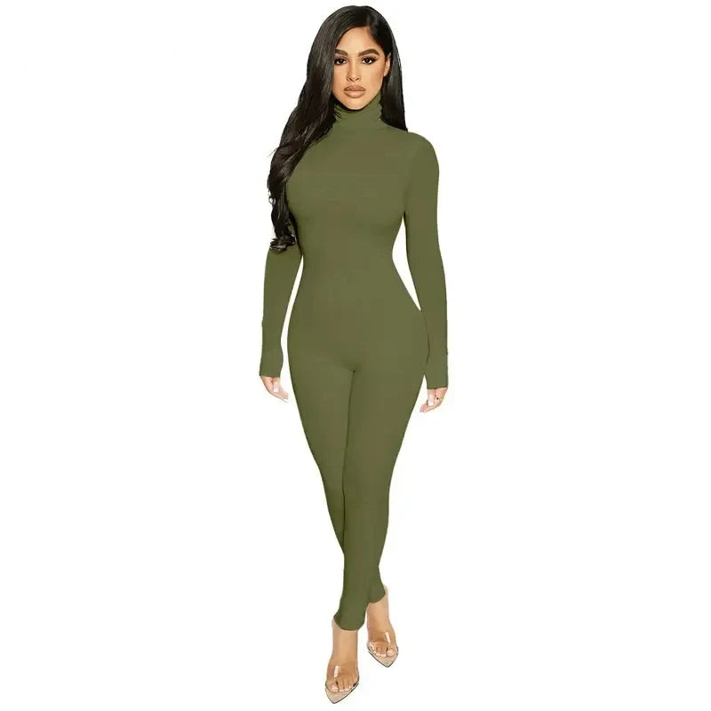 BWQ Casual Women Long Sleeve Turtleneck Long Sleeve Skinny Stretchy Jumpsuit 2024 Autumn Winter One Piece Suit INS Playsuit