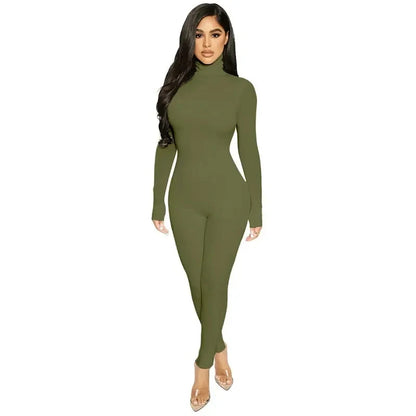 BWQ Casual Women Long Sleeve Turtleneck Long Sleeve Skinny Stretchy Jumpsuit 2024 Autumn Winter One Piece Suit INS Playsuit