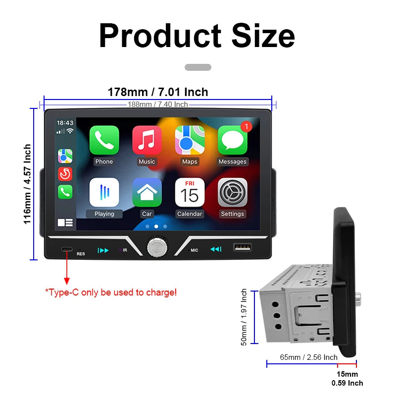 Hippcron 7" 1 Din Car Radio Stereo Wireless Carplay Android Auto HD IPS Touch Screen FM Receiver Support USB Type-C Charge