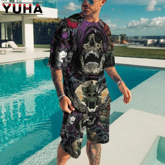 YUHA,Summer Men's Clothing T Shirt Sets 3D Terrible Skeleton Print Casual Shorts Tracksuit Male 2 Piece Suit Newest Short Sleev