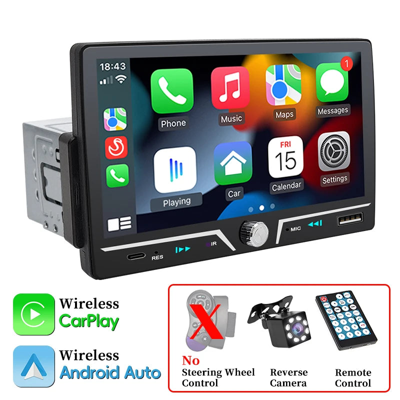Hippcron 7" 1 Din Car Radio Stereo Wireless Carplay Android Auto HD IPS Touch Screen FM Receiver Support USB Type-C Charge