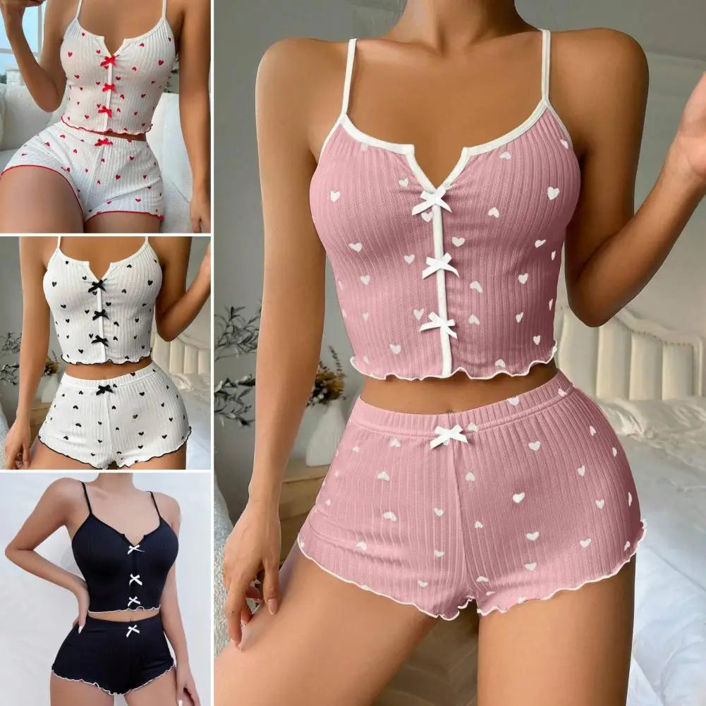 2Pcs/Set Summer Women Top Shorts Suit Backless Heart Print Bow Decor Sleeveless Vest Elastic High Waist Short Pants Lady Outfit