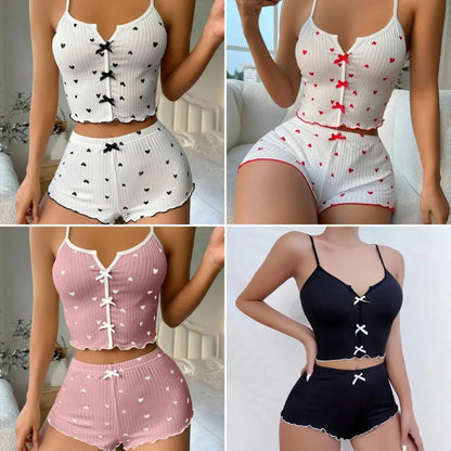 2Pcs/Set Summer Women Top Shorts Suit Backless Heart Print Bow Decor Sleeveless Vest Elastic High Waist Short Pants Lady Outfit