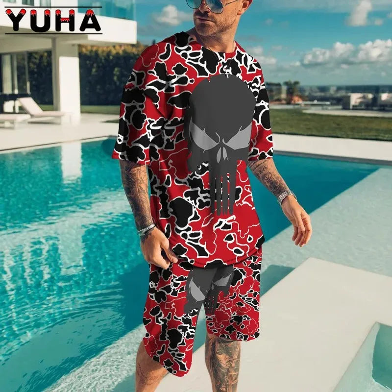 YUHA,Summer Men's Clothing T Shirt Sets 3D Terrible Skeleton Print Casual Shorts Tracksuit Male 2 Piece Suit Newest Short Sleev