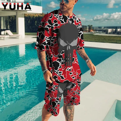 YUHA,Summer Men's Clothing T Shirt Sets 3D Terrible Skeleton Print Casual Shorts Tracksuit Male 2 Piece Suit Newest Short Sleev