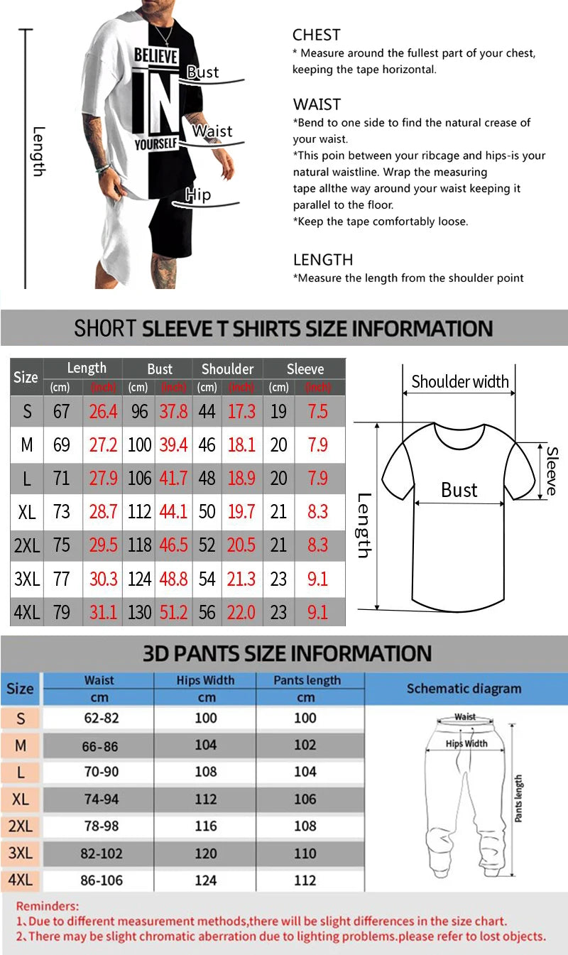 Summer Men's Trousers Tracksuit 3D Printed Red Believe Short Sleeve T Shirt Casual Oversized Clothing Sportwear 2 Piece Suit
