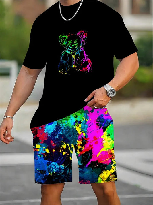 Summer Everyday Casual Men's Short Sleeve Shorts Set Colorful Bear Print Men's T-shirt And Colorful Graffiti Print Shorts Set