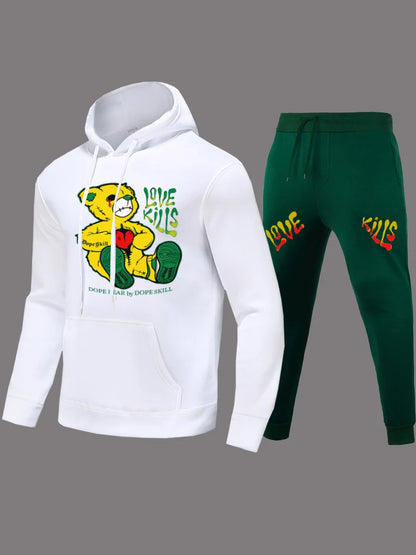 2024 Women's Letter Print 2 Piece Outfits Teddy Bear Letter Print Kangaroo Pocket Tracksuit Set Long Sleeve Sweatshirt and Pants
