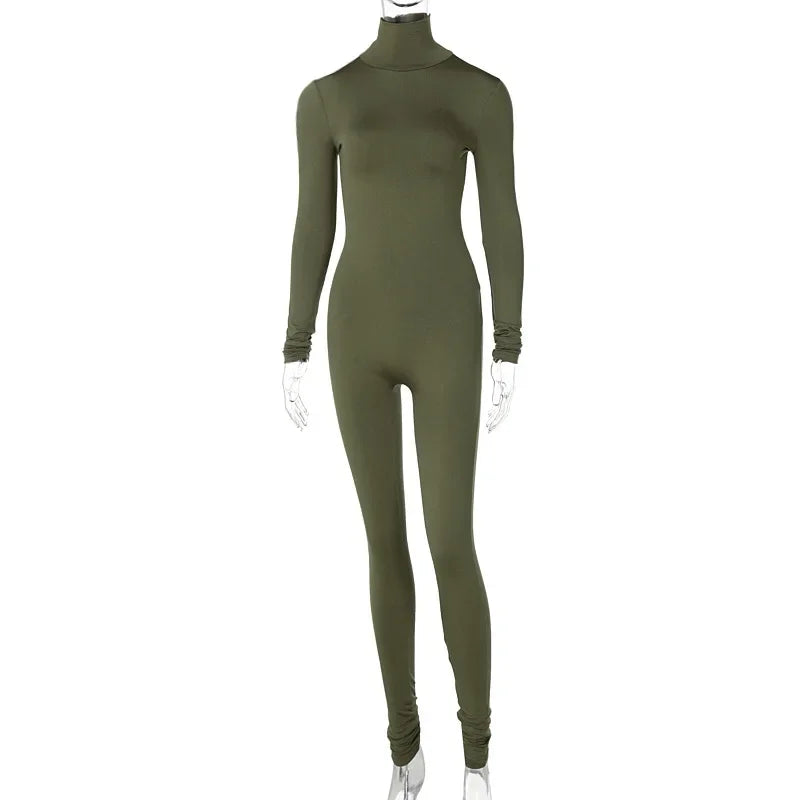 BWQ Casual Women Long Sleeve Turtleneck Long Sleeve Skinny Stretchy Jumpsuit 2024 Autumn Winter One Piece Suit INS Playsuit