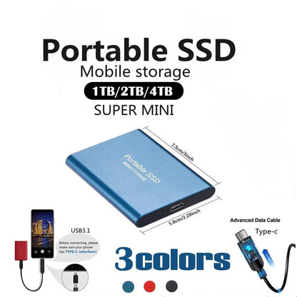 New Portable Hard Drive 1TB 2TB 4TB Solid Disk High Speed External Hard Disk USB3.1 Type-C Solid State Drive for PC/Phone/Loptop