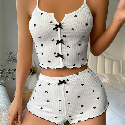 2Pcs/Set Summer Women Top Shorts Suit Backless Heart Print Bow Decor Sleeveless Vest Elastic High Waist Short Pants Lady Outfit