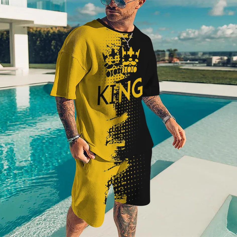 2024 Fashion Men's Sportswear 3D Patchwork Print Tees Shorts 2Pcs Sets Summer Short Sleeve T-Shirt Suit Casual Tracksuit Outfits