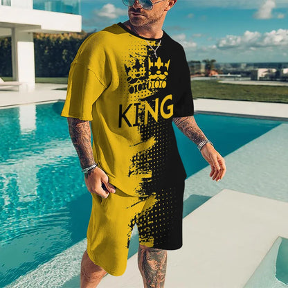 2024 Fashion Men's Sportswear 3D Patchwork Print Tees Shorts 2Pcs Sets Summer Short Sleeve T-Shirt Suit Casual Tracksuit Outfits