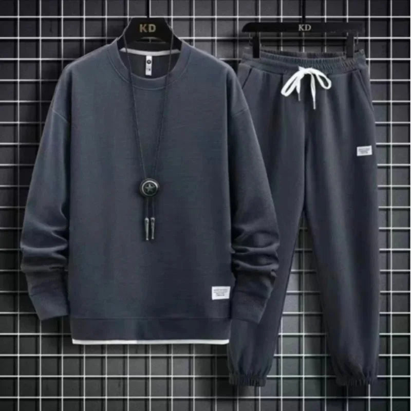 Autumn Winter New Solid Color Casual Hong Kong Style Loose-Fit Long Sleeve Top Sports Suit Round Neck Sweatshirt Men's Set