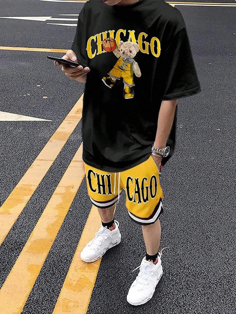 Cartoon Bear 3D Printed Men's Round Neck Short Sleeve 2pcs Suit Urban Street Trend Men's Top Outdoor Men's Drawstring Shorts