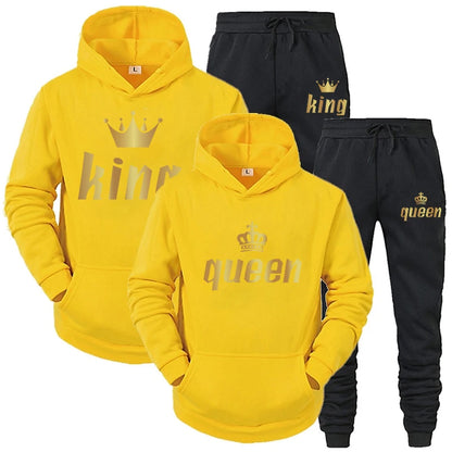 King and Queen Printed Hooded Suits for Couple, Hoodie and Pants, Valentine's Day Present, Fashion Suit, Autumn, Winter, 2 Pcs