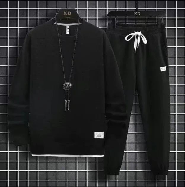 Autumn Winter New Solid Color Casual Hong Kong Style Loose-Fit Long Sleeve Top Sports Suit Round Neck Sweatshirt Men's Set