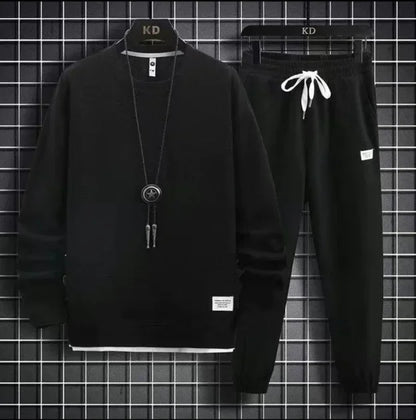 Autumn Winter New Solid Color Casual Hong Kong Style Loose-Fit Long Sleeve Top Sports Suit Round Neck Sweatshirt Men's Set