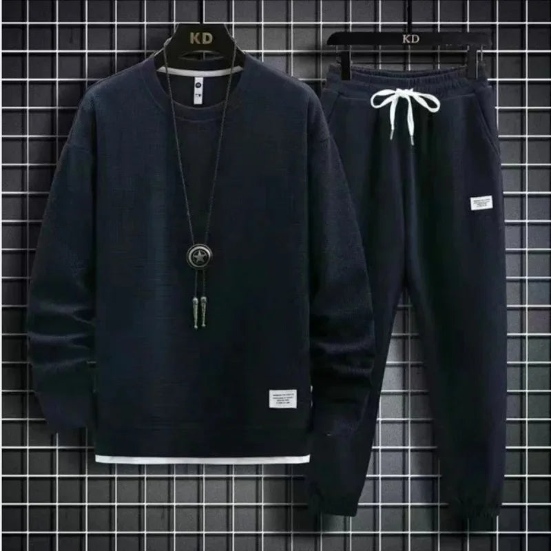 Autumn Winter New Solid Color Casual Hong Kong Style Loose-Fit Long Sleeve Top Sports Suit Round Neck Sweatshirt Men's Set