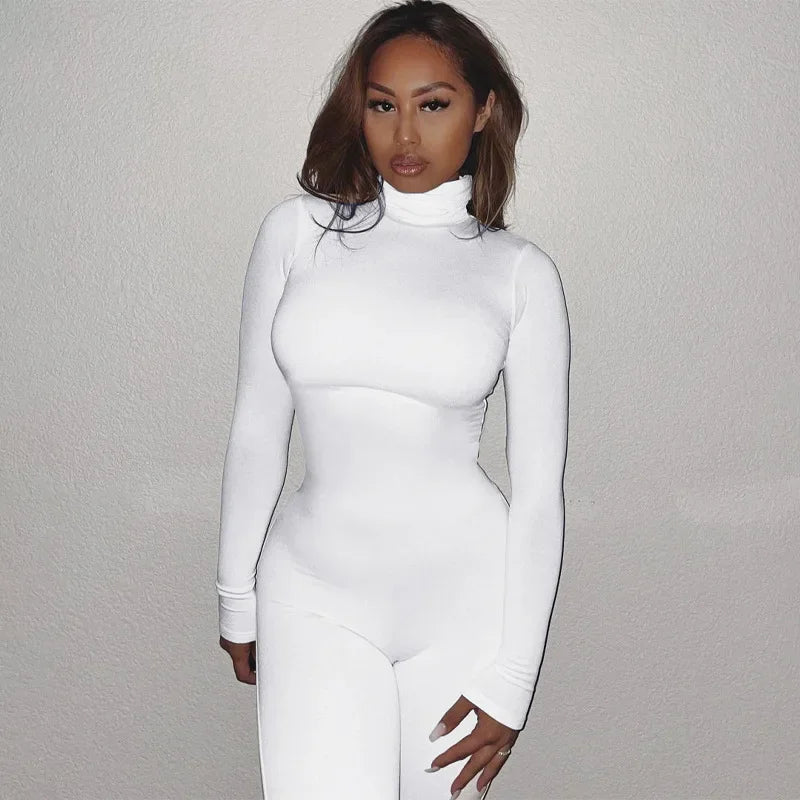 BWQ Casual Women Long Sleeve Turtleneck Long Sleeve Skinny Stretchy Jumpsuit 2024 Autumn Winter One Piece Suit INS Playsuit