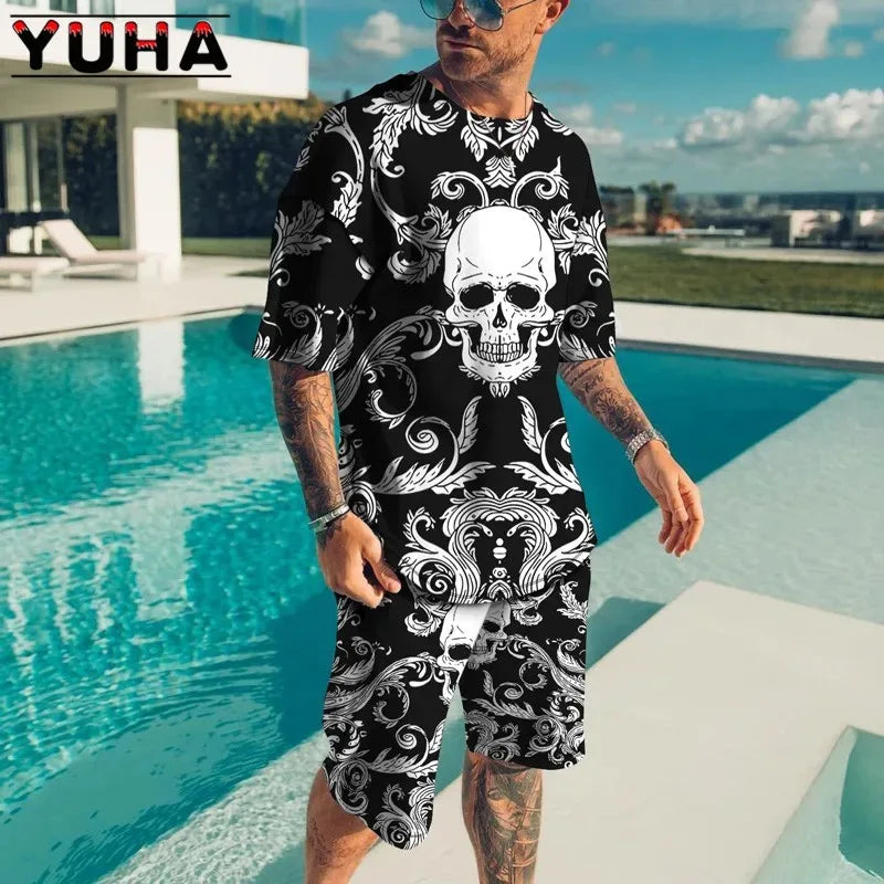 YUHA,Summer Men's Clothing T Shirt Sets 3D Terrible Skeleton Print Casual Shorts Tracksuit Male 2 Piece Suit Newest Short Sleev