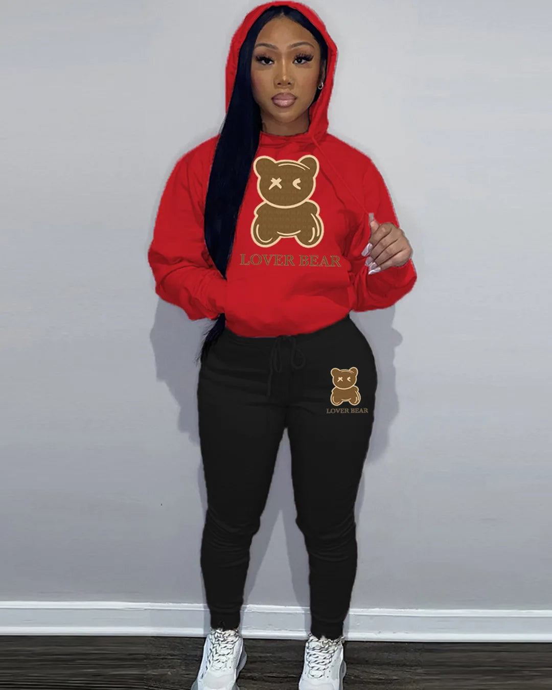 2024 Women's Letter Print 2 Piece Outfits Teddy Bear Letter Print Kangaroo Pocket Tracksuit Set Long Sleeve Sweatshirt and Pants
