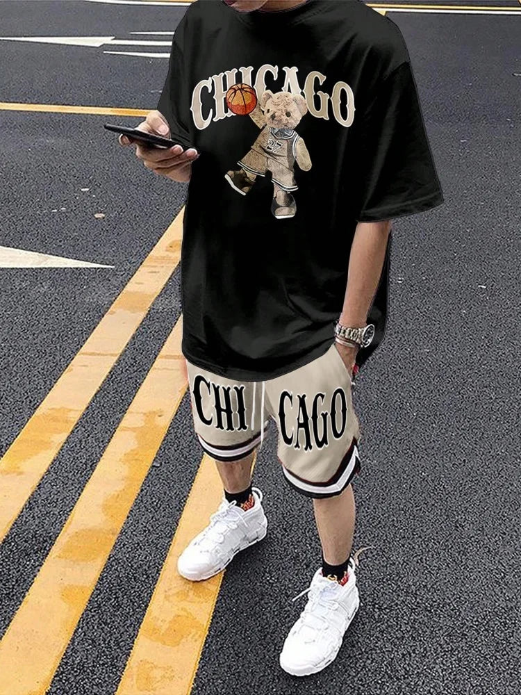 Cartoon Bear 3D Printed Men's Round Neck Short Sleeve 2pcs Suit Urban Street Trend Men's Top Outdoor Men's Drawstring Shorts