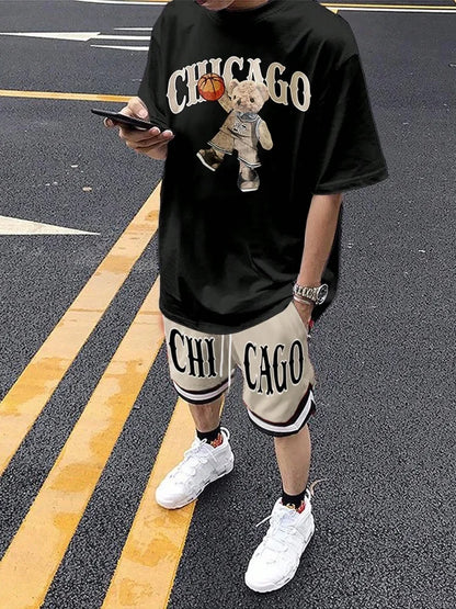Cartoon Bear 3D Printed Men's Round Neck Short Sleeve 2pcs Suit Urban Street Trend Men's Top Outdoor Men's Drawstring Shorts
