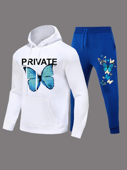 Autumn Fashion Letter Print Hoodie Sets Butterfly Letter Print Kangaroo Pocket Pants Sets Daily Casual Two Piece Tracksuit