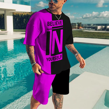2024 Fashion Men's Sportswear 3D Patchwork Print Tees Shorts 2Pcs Sets Summer Short Sleeve T-Shirt Suit Casual Tracksuit Outfits