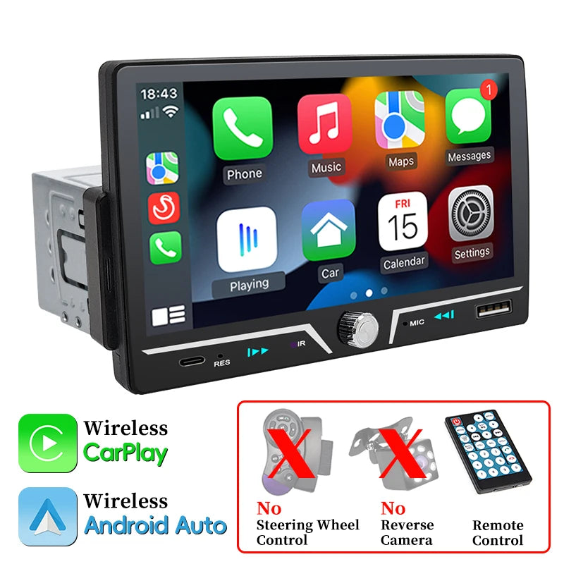 Hippcron 7" 1 Din Car Radio Stereo Wireless Carplay Android Auto HD IPS Touch Screen FM Receiver Support USB Type-C Charge