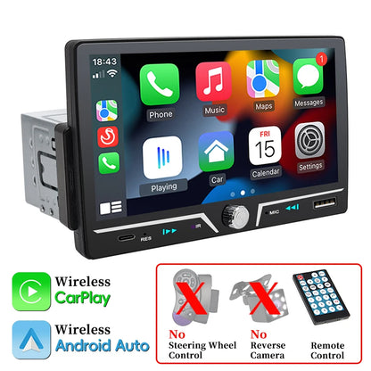 Hippcron 7" 1 Din Car Radio Stereo Wireless Carplay Android Auto HD IPS Touch Screen FM Receiver Support USB Type-C Charge