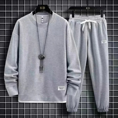Autumn Winter New Solid Color Casual Hong Kong Style Loose-Fit Long Sleeve Top Sports Suit Round Neck Sweatshirt Men's Set