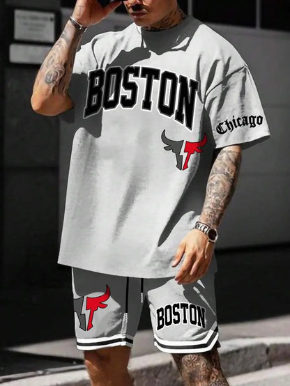 Men's sports suit, casual suit, fashionable letter printed round neck short sleeved T-shirt, men's loose drawstring pocket short