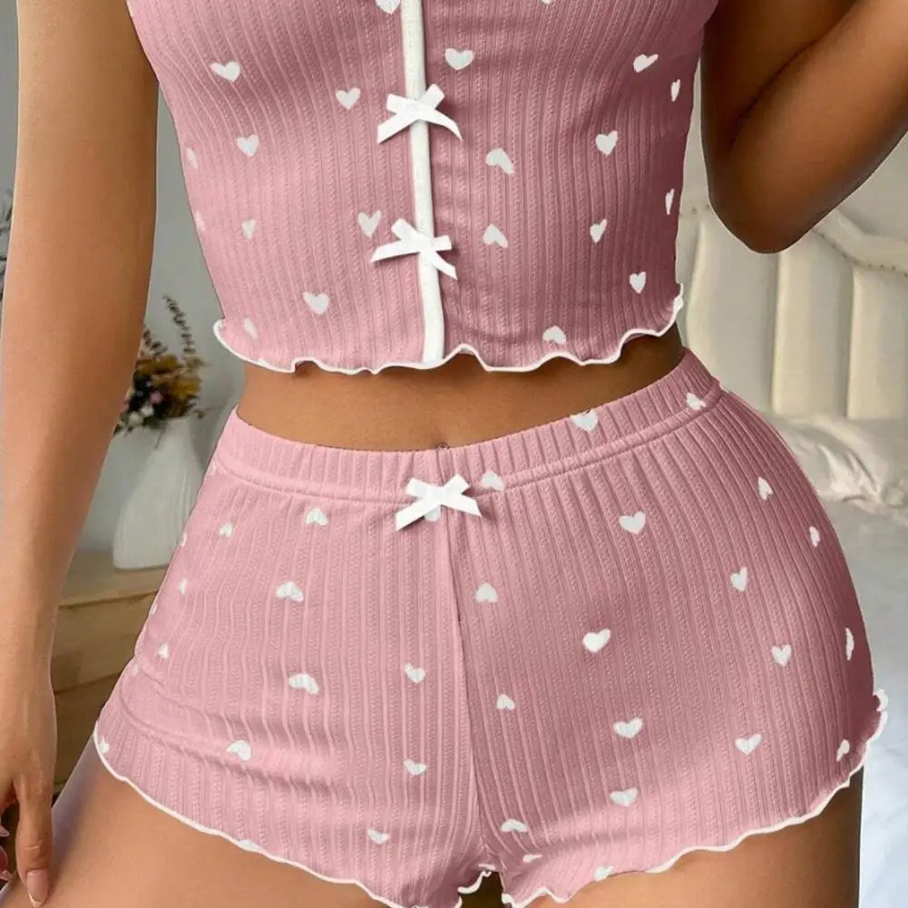 2Pcs/Set Summer Women Top Shorts Suit Backless Heart Print Bow Decor Sleeveless Vest Elastic High Waist Short Pants Lady Outfit
