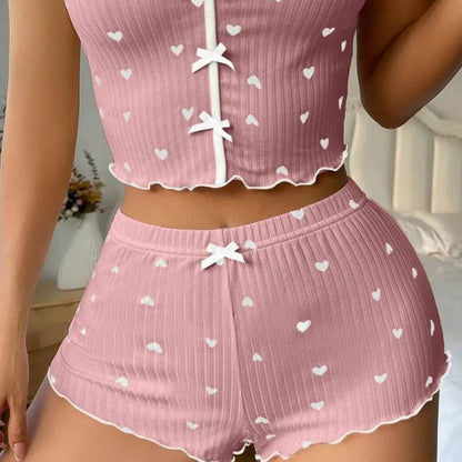 2Pcs/Set Summer Women Top Shorts Suit Backless Heart Print Bow Decor Sleeveless Vest Elastic High Waist Short Pants Lady Outfit