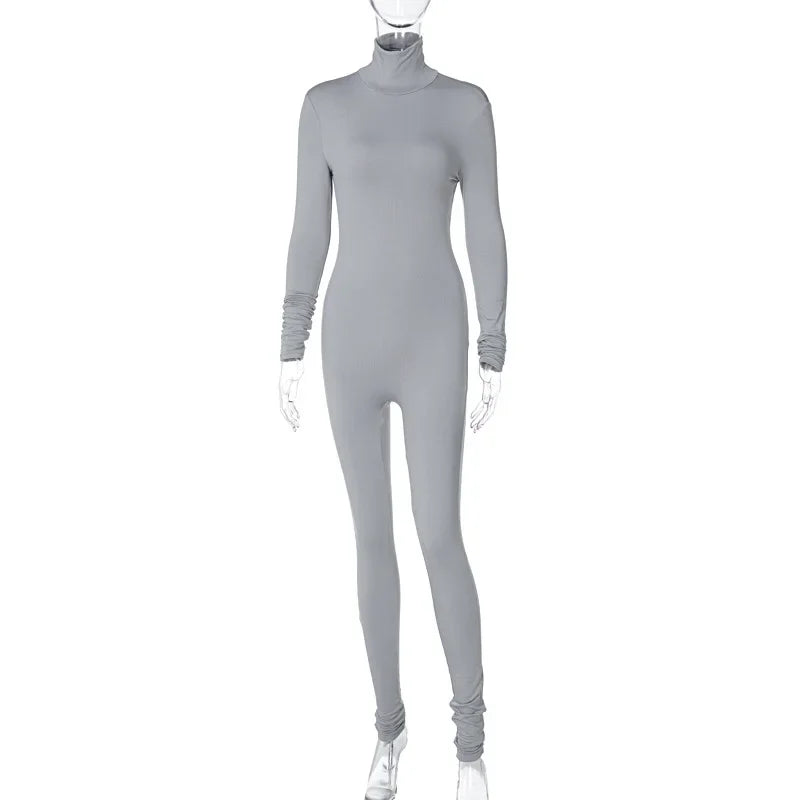 BWQ Casual Women Long Sleeve Turtleneck Long Sleeve Skinny Stretchy Jumpsuit 2024 Autumn Winter One Piece Suit INS Playsuit
