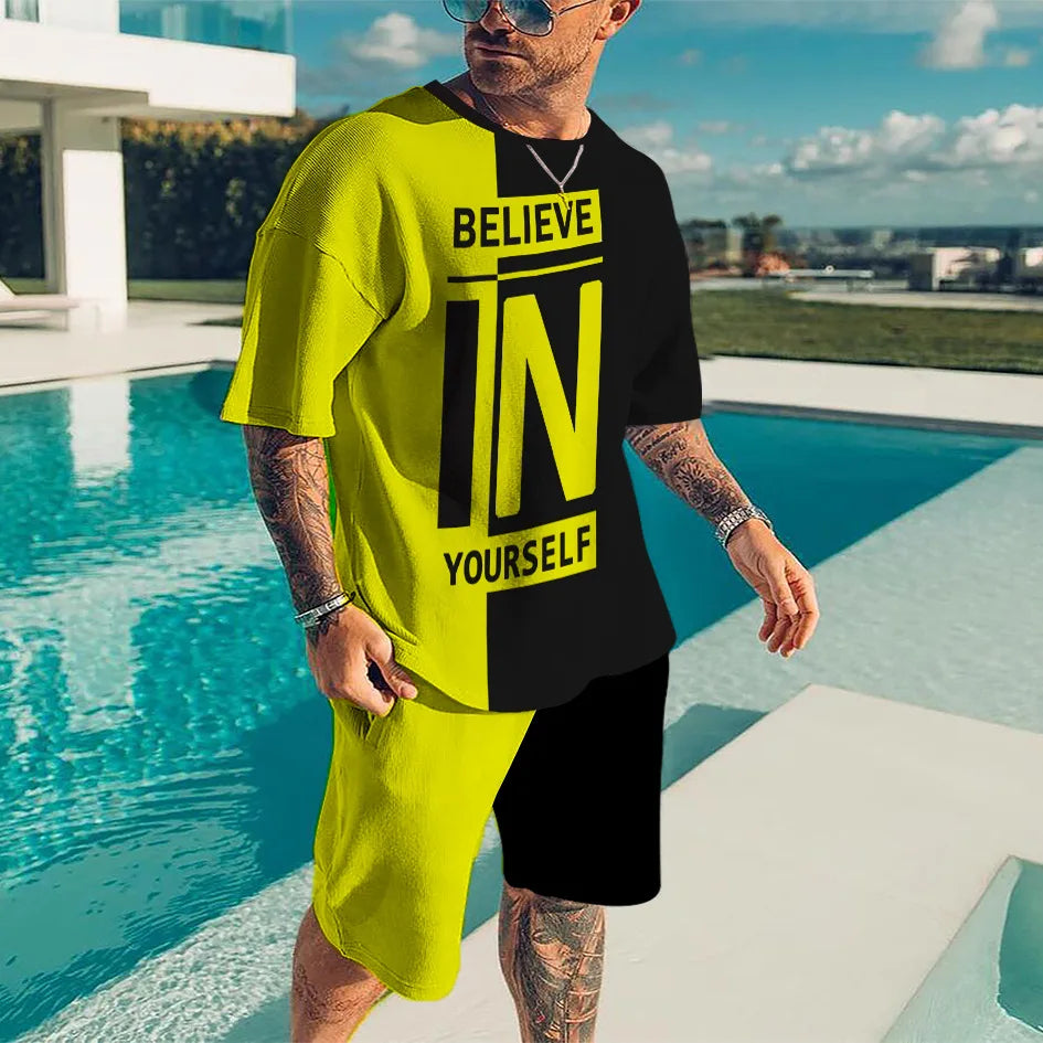 2024 Fashion Men's Sportswear 3D Patchwork Print Tees Shorts 2Pcs Sets Summer Short Sleeve T-Shirt Suit Casual Tracksuit Outfits