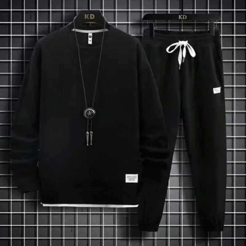Autumn Winter New Solid Color Casual Hong Kong Style Loose-Fit Long Sleeve Top Sports Suit Round Neck Sweatshirt Men's Set