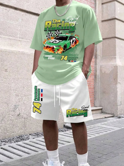 Cartoon Bear 3D Printed Men's Round Neck Short Sleeve 2pcs Suit Urban Street Trend Men's Top Outdoor Men's Drawstring Shorts