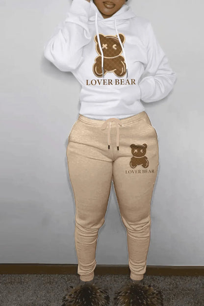 2024 Women's Letter Print 2 Piece Outfits Teddy Bear Letter Print Kangaroo Pocket Tracksuit Set Long Sleeve Sweatshirt and Pants
